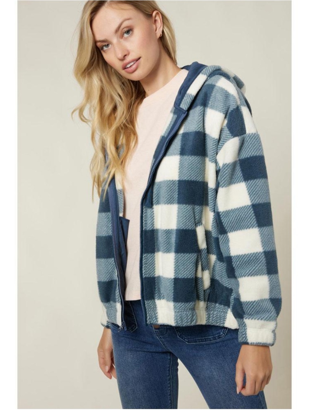 O’Neill Blue & White Plaid Hooded Fleece Jacket - Women